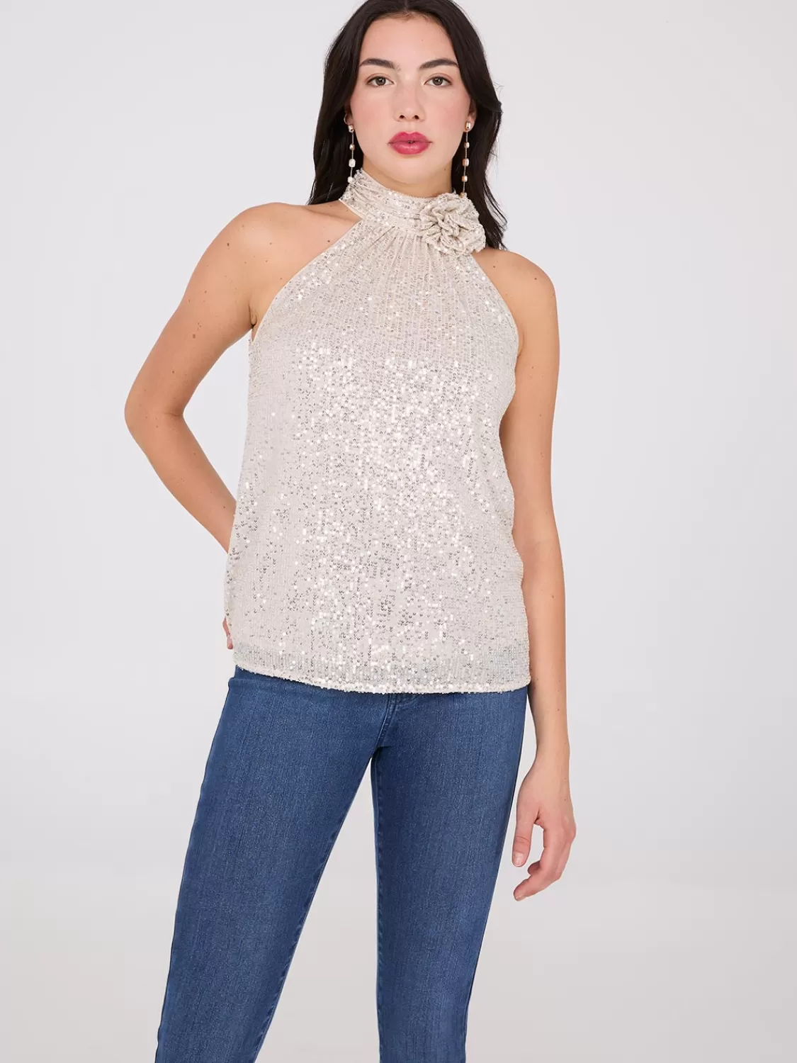 Suzy Shier Sleeveless | Fashion Tops*Rosette Halter Mock Neck Sequin Top