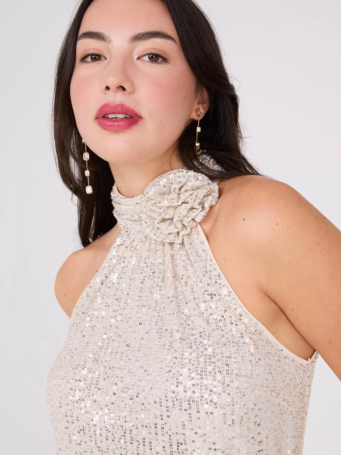 Suzy Shier Sleeveless | Fashion Tops*Rosette Halter Mock Neck Sequin Top