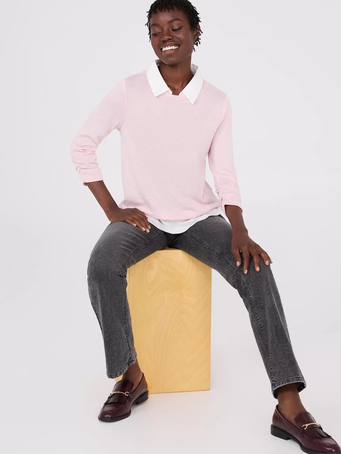 Suzy Shier Long Sleeve*Ruched Sleeve 2-Fer Top