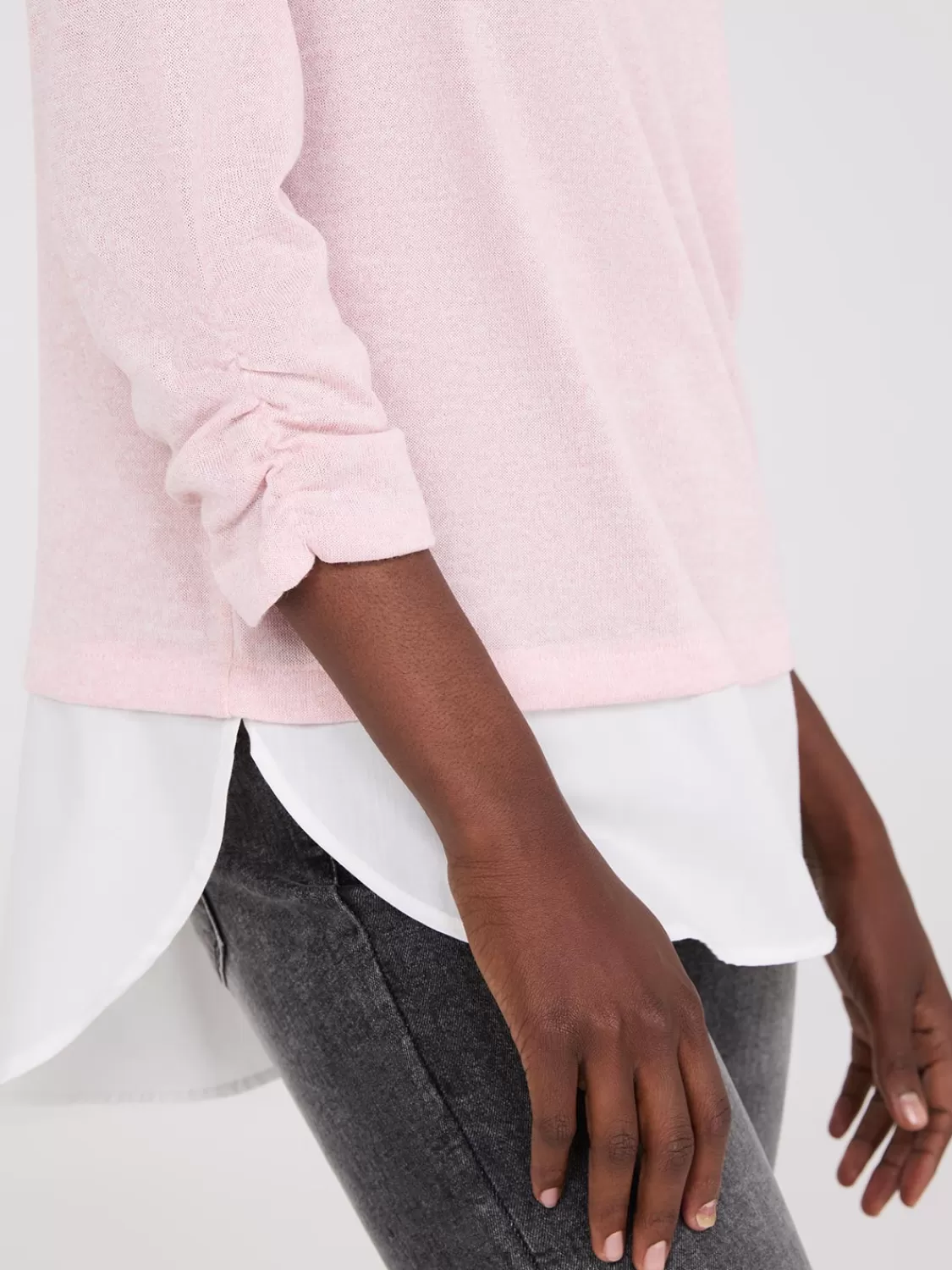 Suzy Shier Long Sleeve*Ruched Sleeve 2-Fer Top