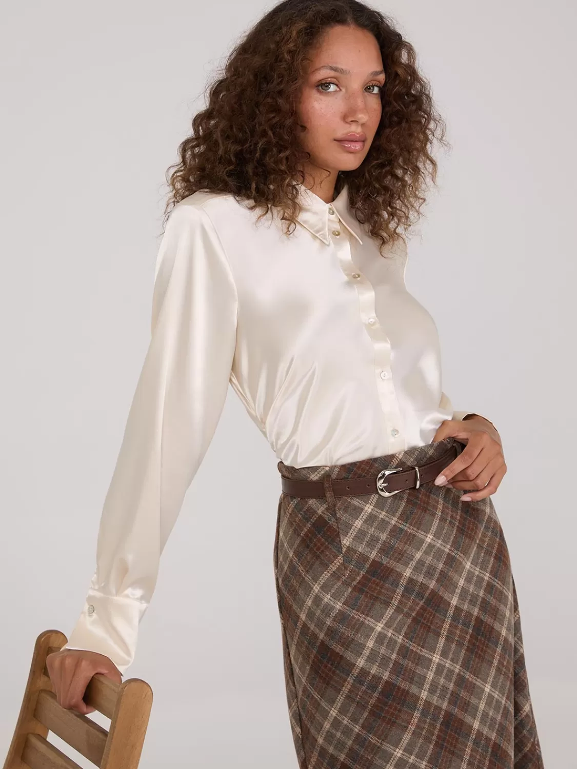 Suzy Shier Tops | Long Sleeve*Satin Button-Front Blouse With Side Ruching