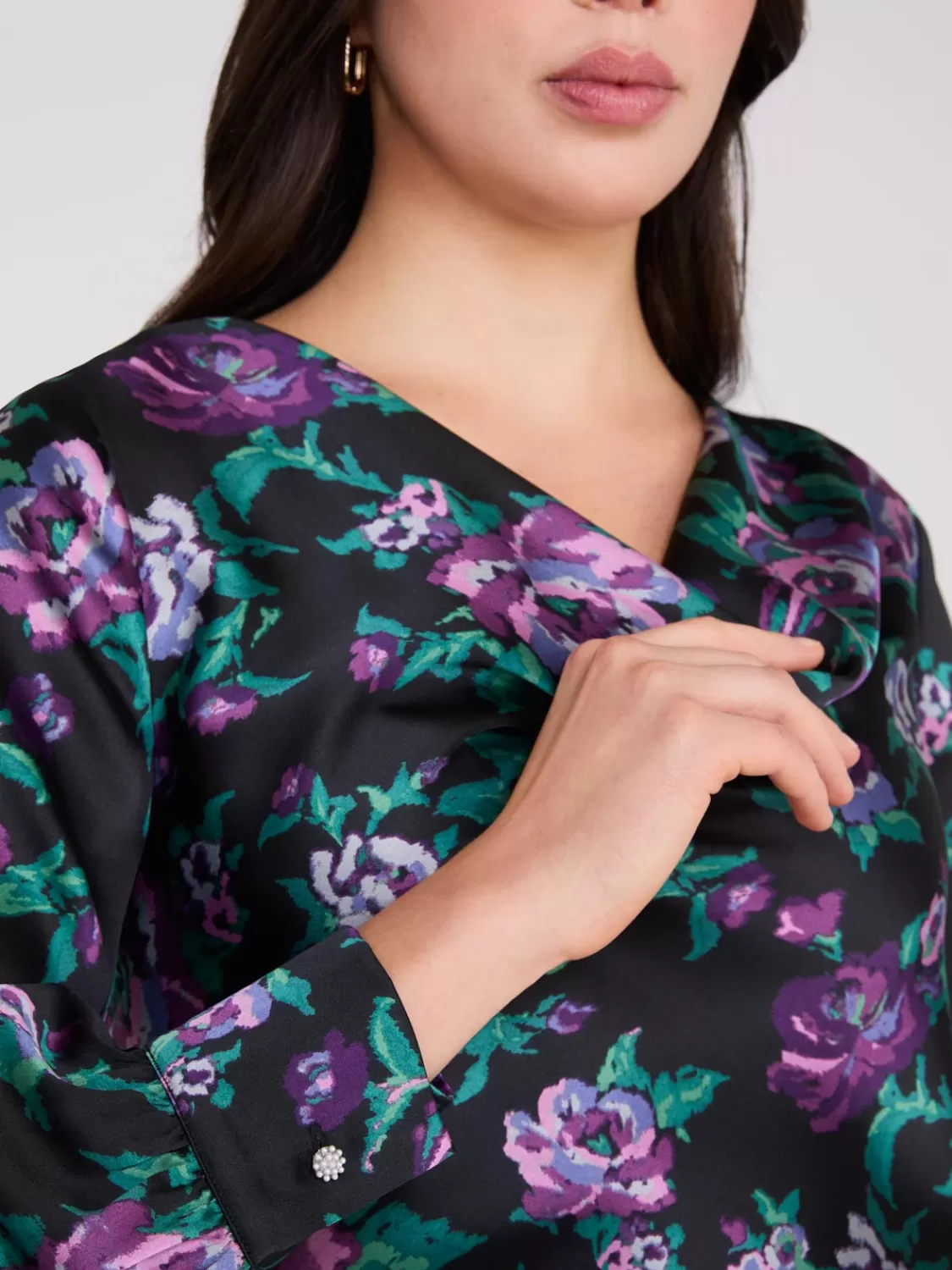 Suzy Shier Tops | Long Sleeve*Satin Floral Print Cowl Neck Blouse