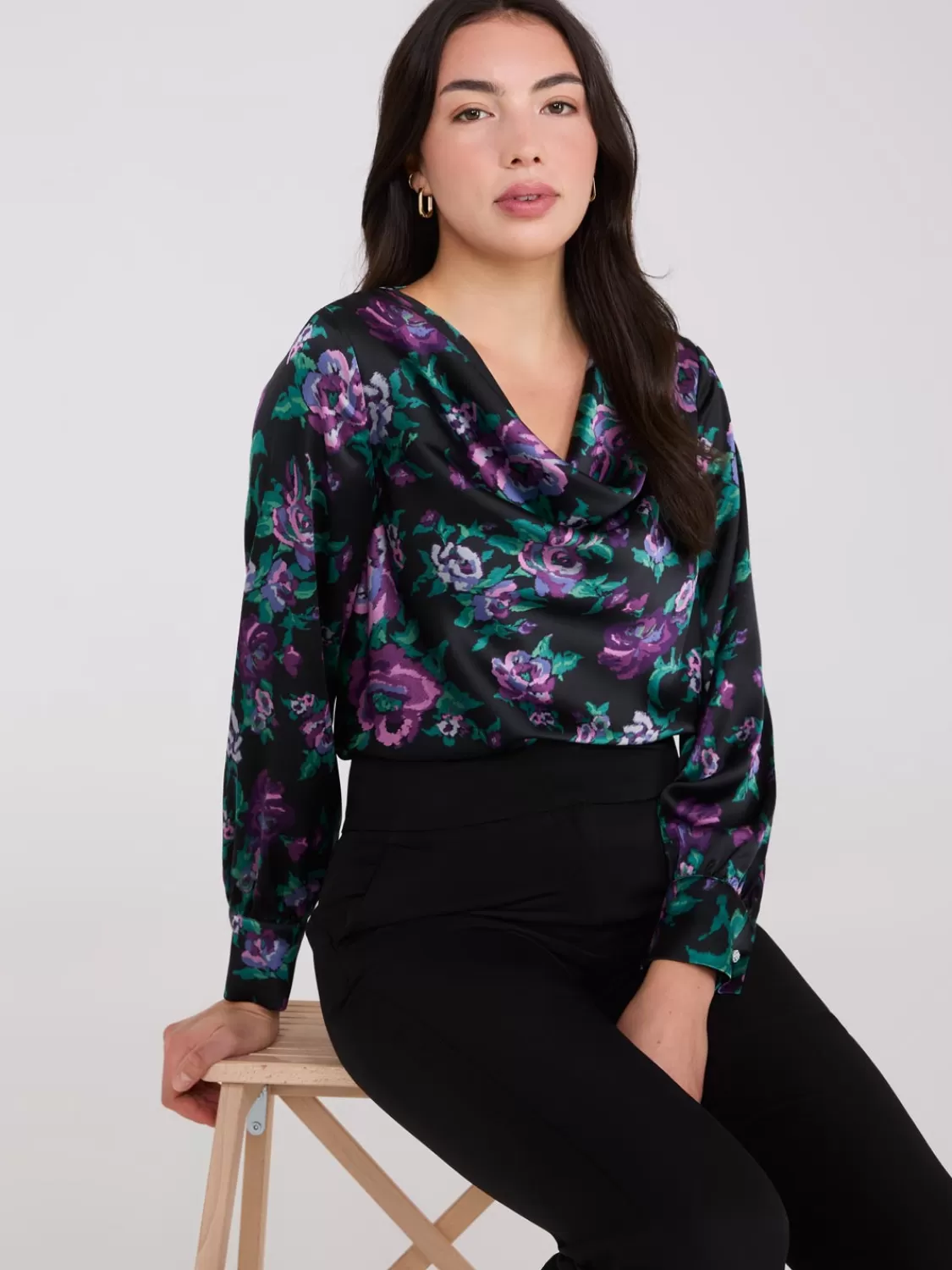 Suzy Shier Tops | Long Sleeve*Satin Floral Print Cowl Neck Blouse