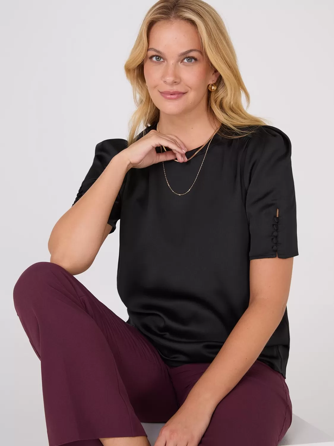 Suzy Shier Tops | Short Sleeve*Satin Puff Sleeve Popover Top