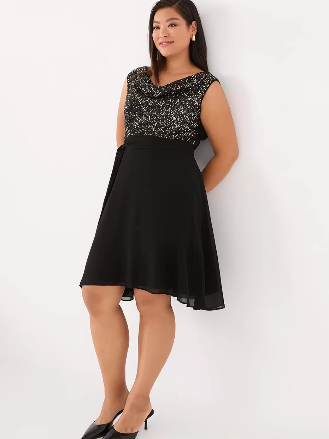 Suzy Shier Mini | Midi & Maxi*Sequin Cowl Neck Fit & Flare Dress