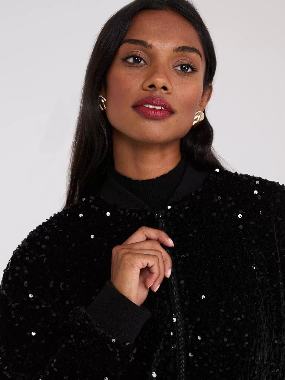 Suzy Shier Long Sleeve | Fashion Tops*Sequin Velvet Bomber Jacket