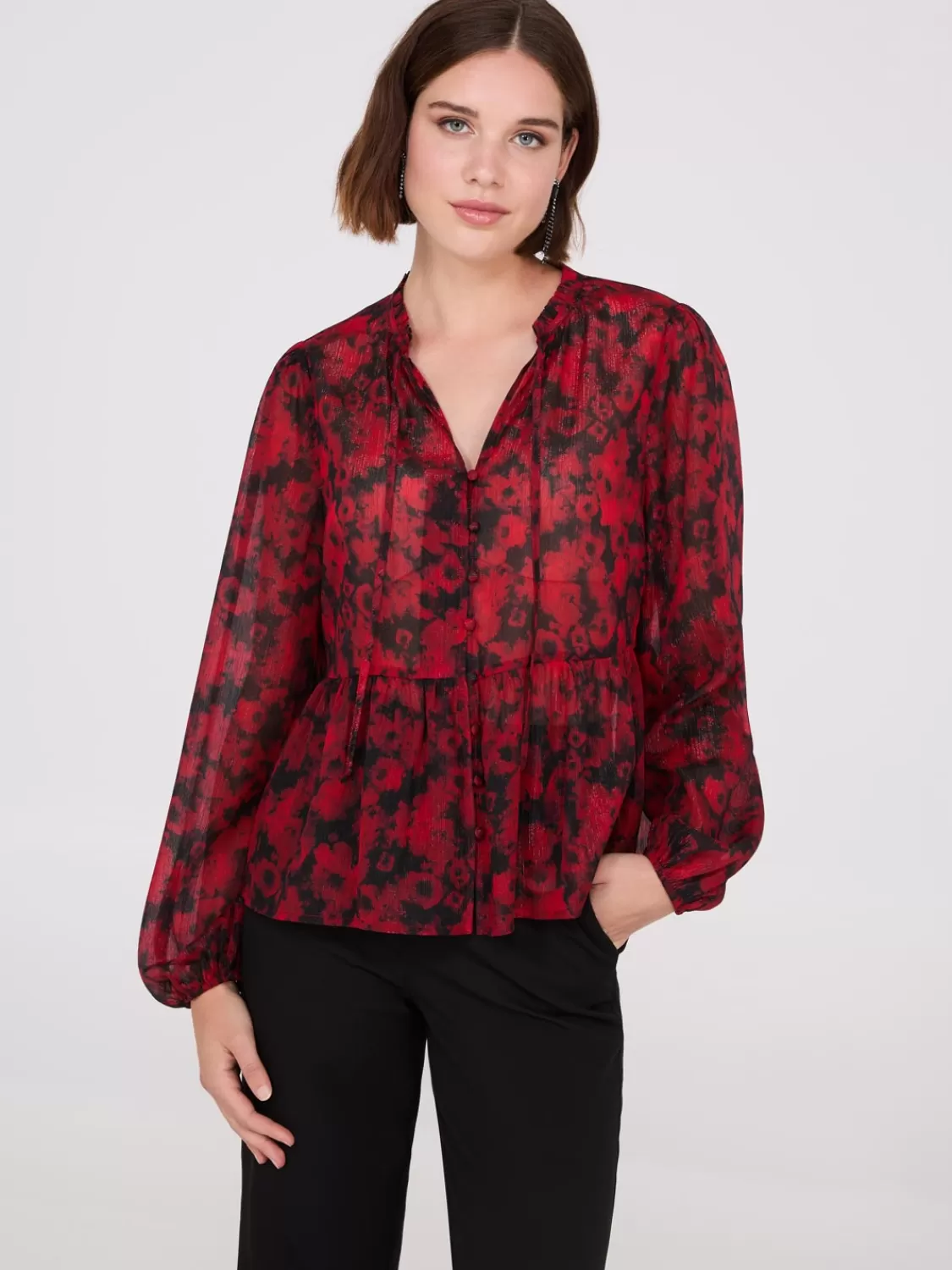 Suzy Shier Tops | Long Sleeve*Shimmer Floral Print Peplum Blouse