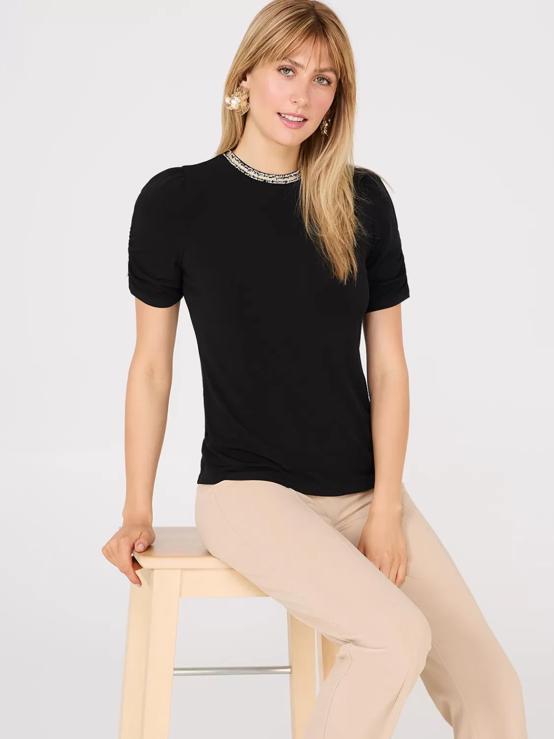 Suzy Shier Tops | Short Sleeve*Short Puff Sleeve Boucle Neck Top