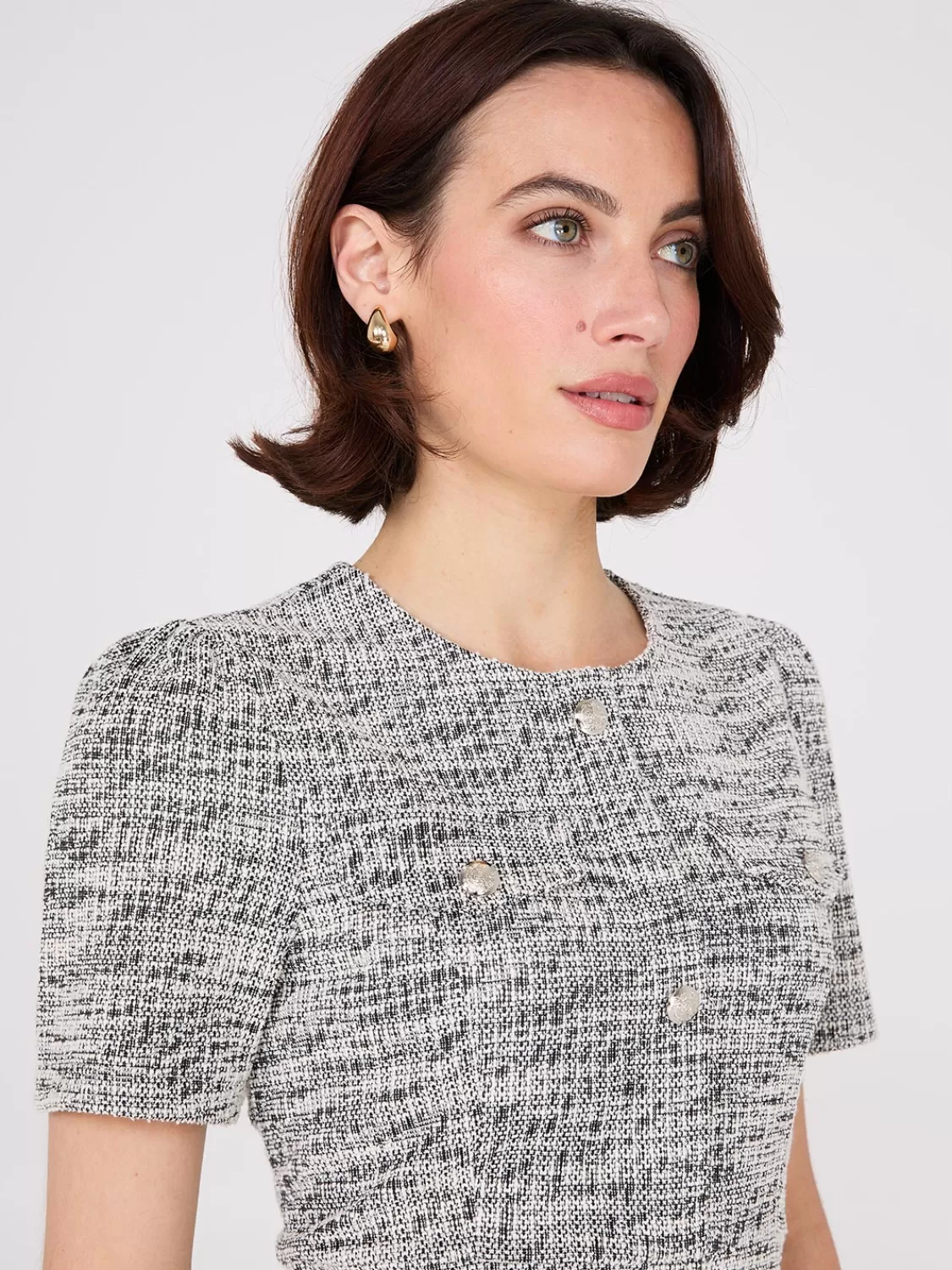 Suzy Shier Mini | Work Dresses*Short Sleeve Button-Front Boucle Sheath Dress