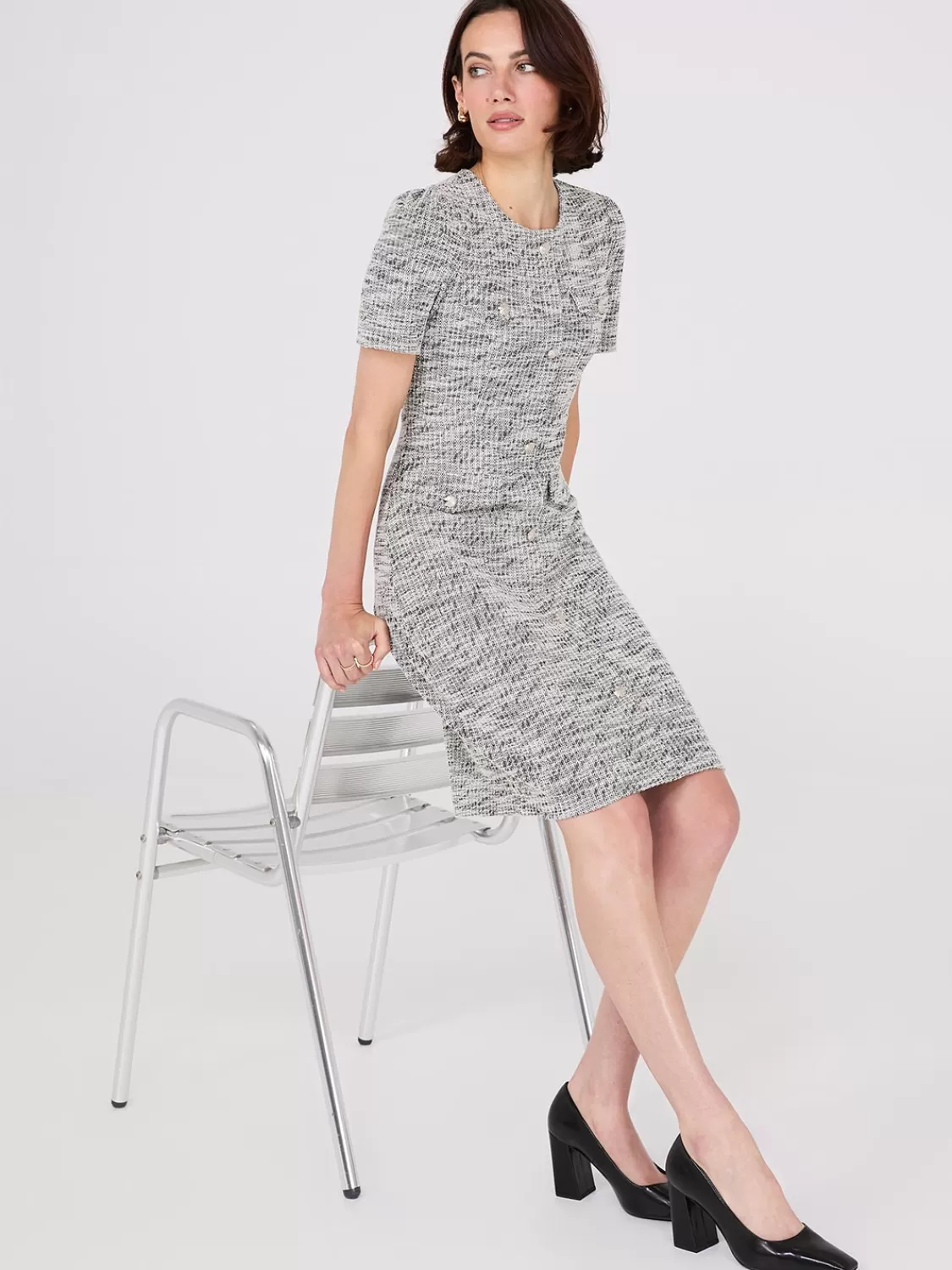 Suzy Shier Mini | Work Dresses*Short Sleeve Button-Front Boucle Sheath Dress