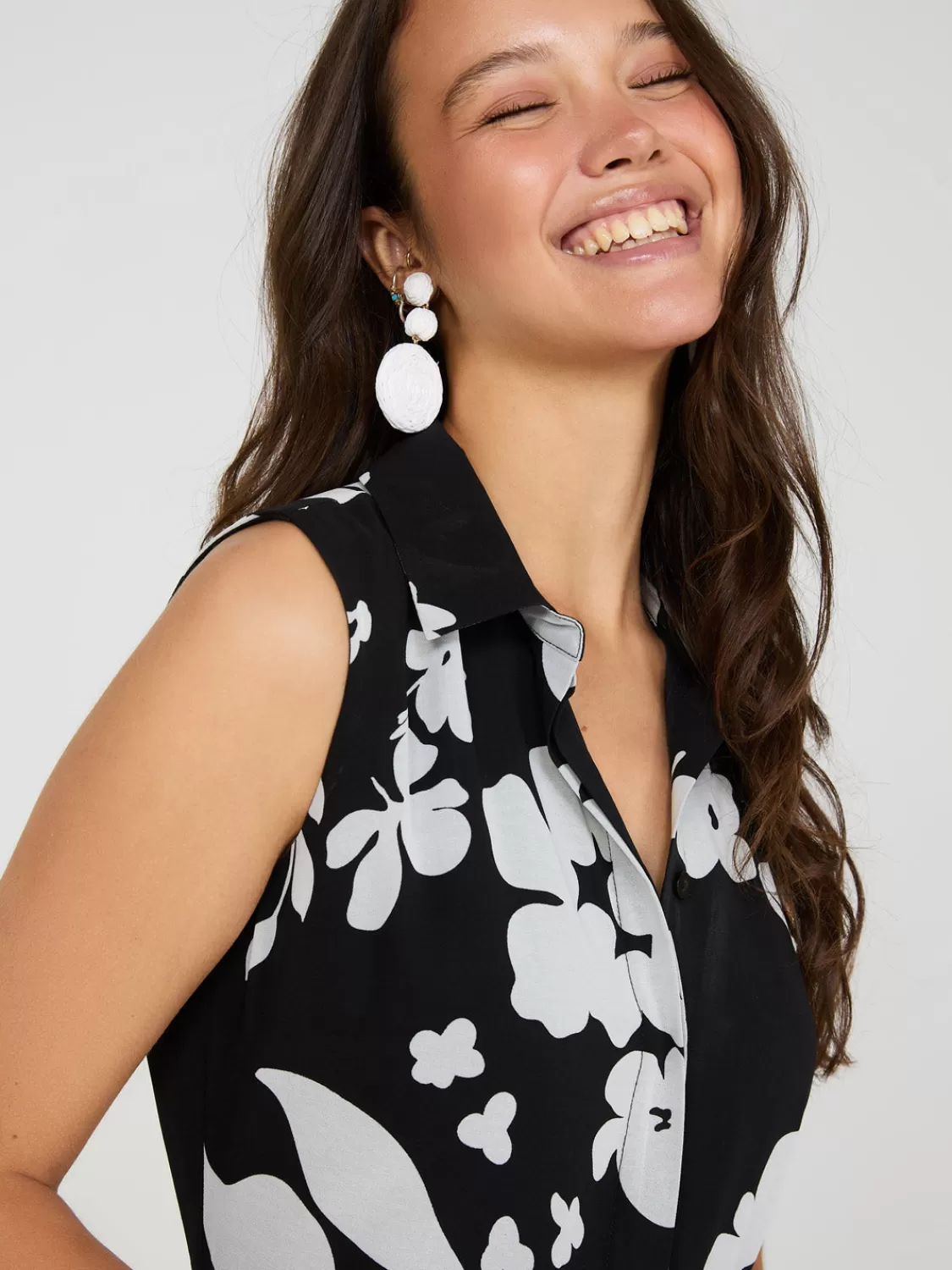 Suzy Shier Midi & Maxi*Sleeveless Floral Print Button-Front Midi Dress