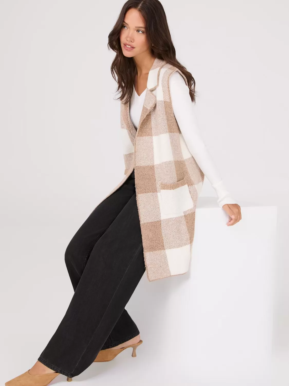 Suzy Shier Sleeveless | Sweaters & Cardigans*Sleeveless Plaid Collared Duster