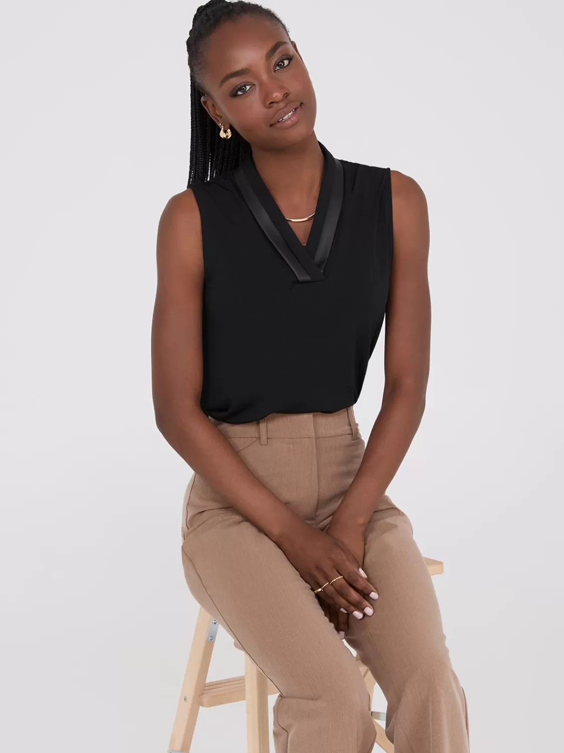 Suzy Shier Tops | Sleeveless*Sleeveless Pleated Faux Leather V-Neck Top