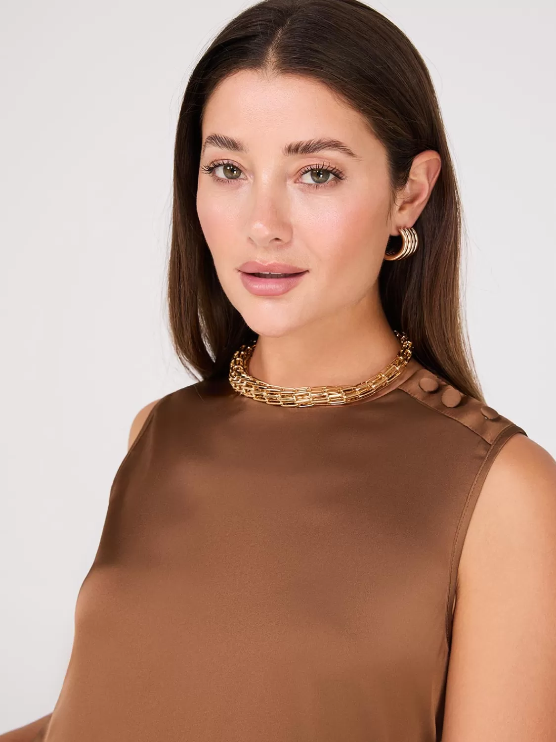 Suzy Shier Tops | Sleeveless*Sleeveless Satin Top With Button Details