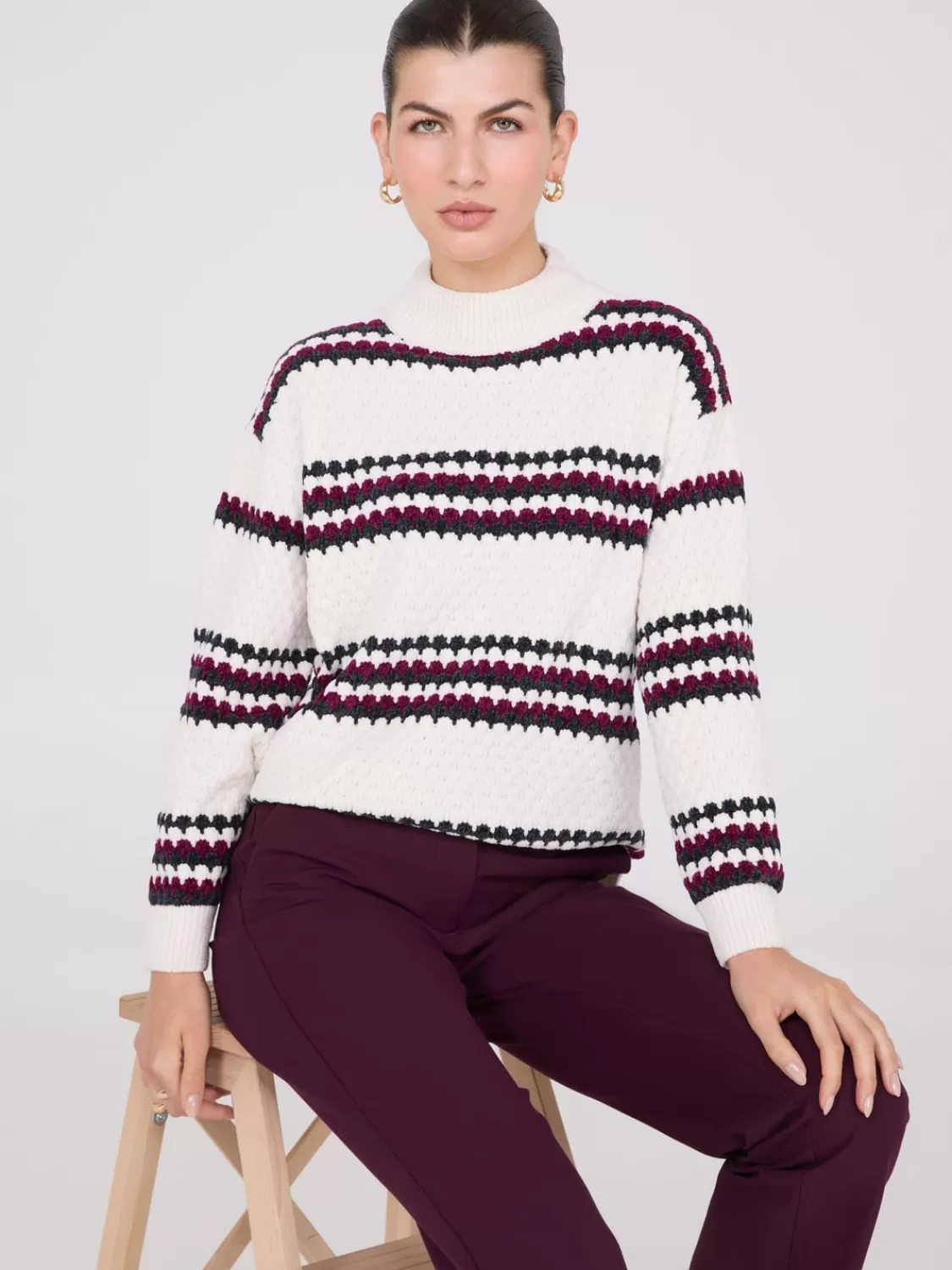 Suzy Shier Long Sleeve | Sweaters & Cardigans*Striped Chenille Mock Neck Sweater