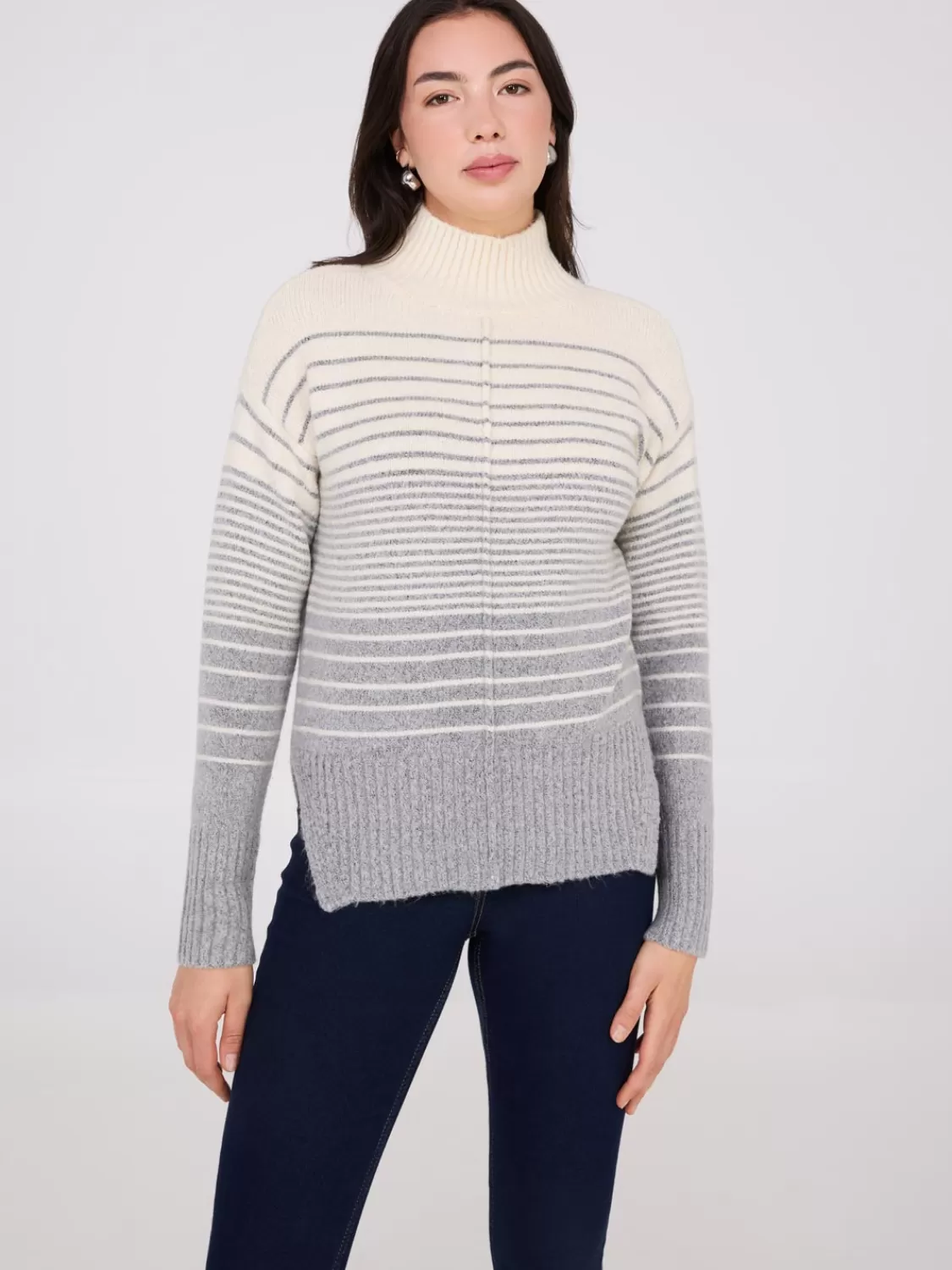 Suzy Shier Long Sleeve | Sweaters & Cardigans*Striped Mock Neck High-Low Sweater