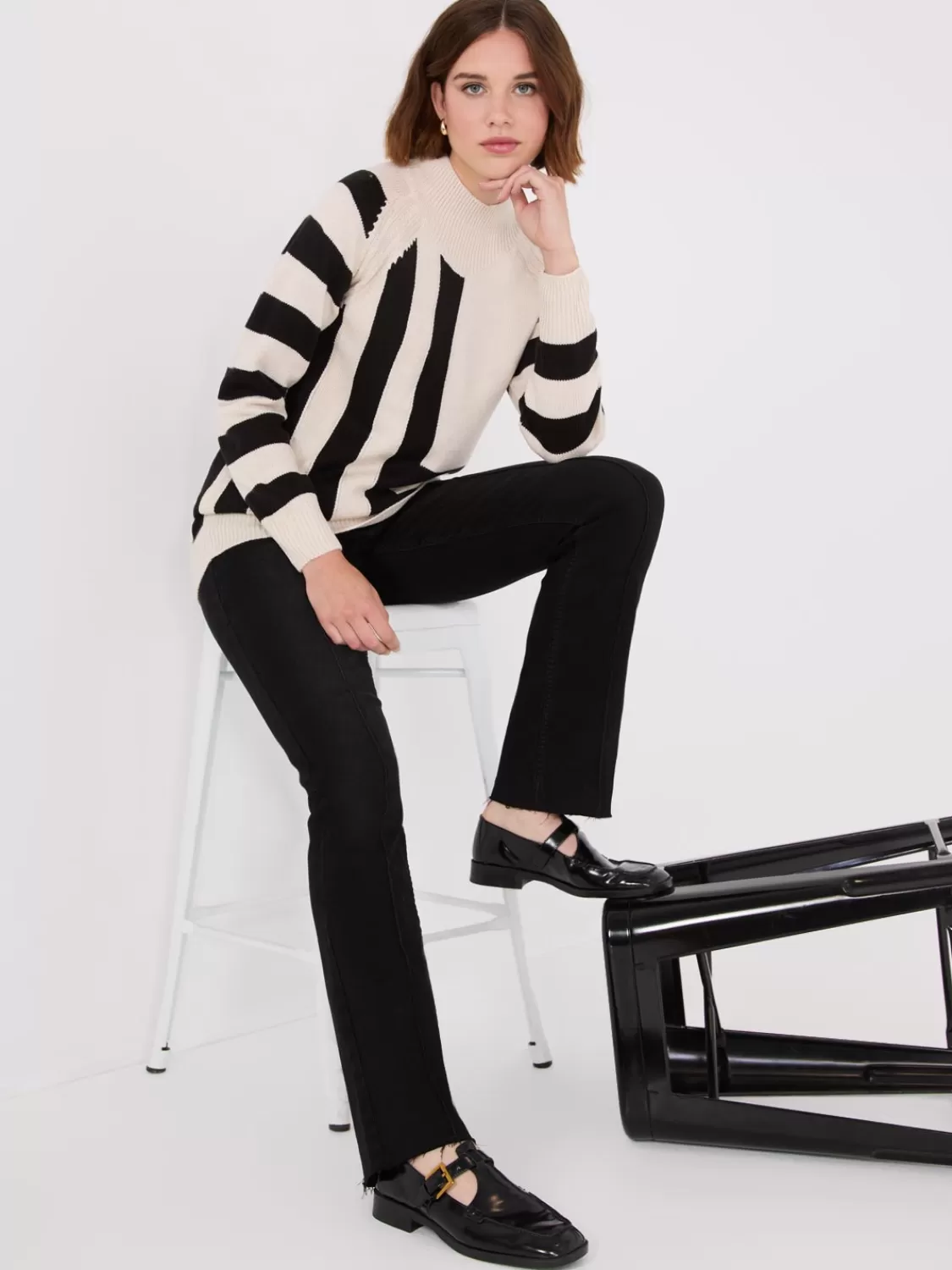 Suzy Shier Long Sleeve | Sweaters & Cardigans*Striped Mock Neck Raglan Sleeve Sweater