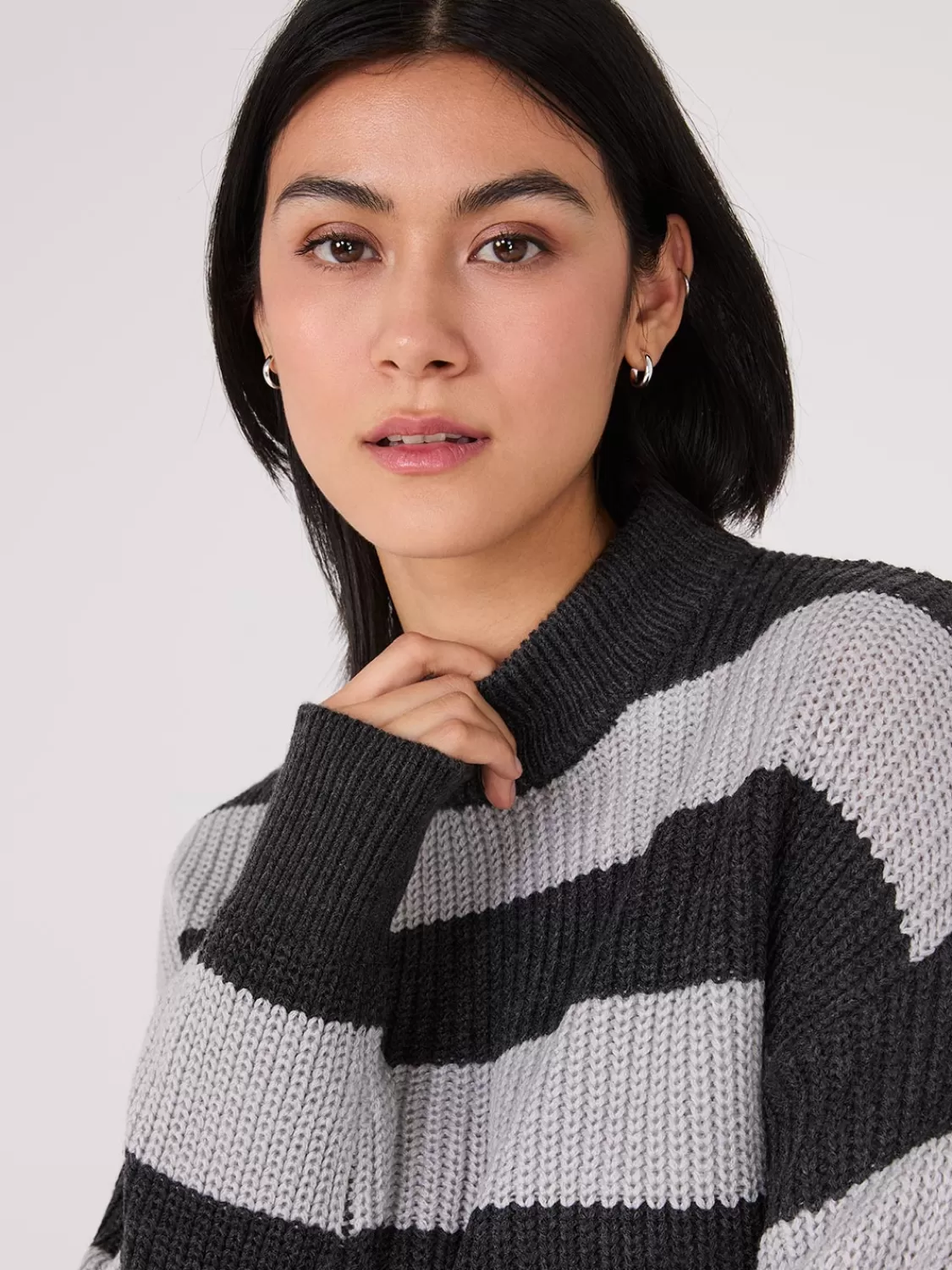 Suzy Shier Long Sleeve | Sweaters & Cardigans*Striped Mock Neck Sweater With Side Slits
