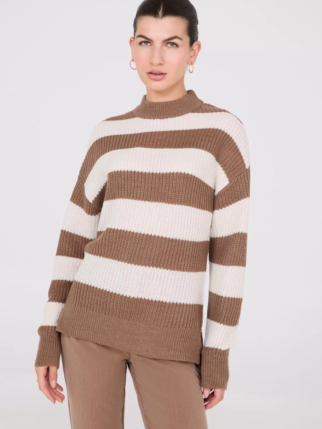 Suzy Shier Long Sleeve | Sweaters & Cardigans*Striped Mock Neck Sweater With Side Slits