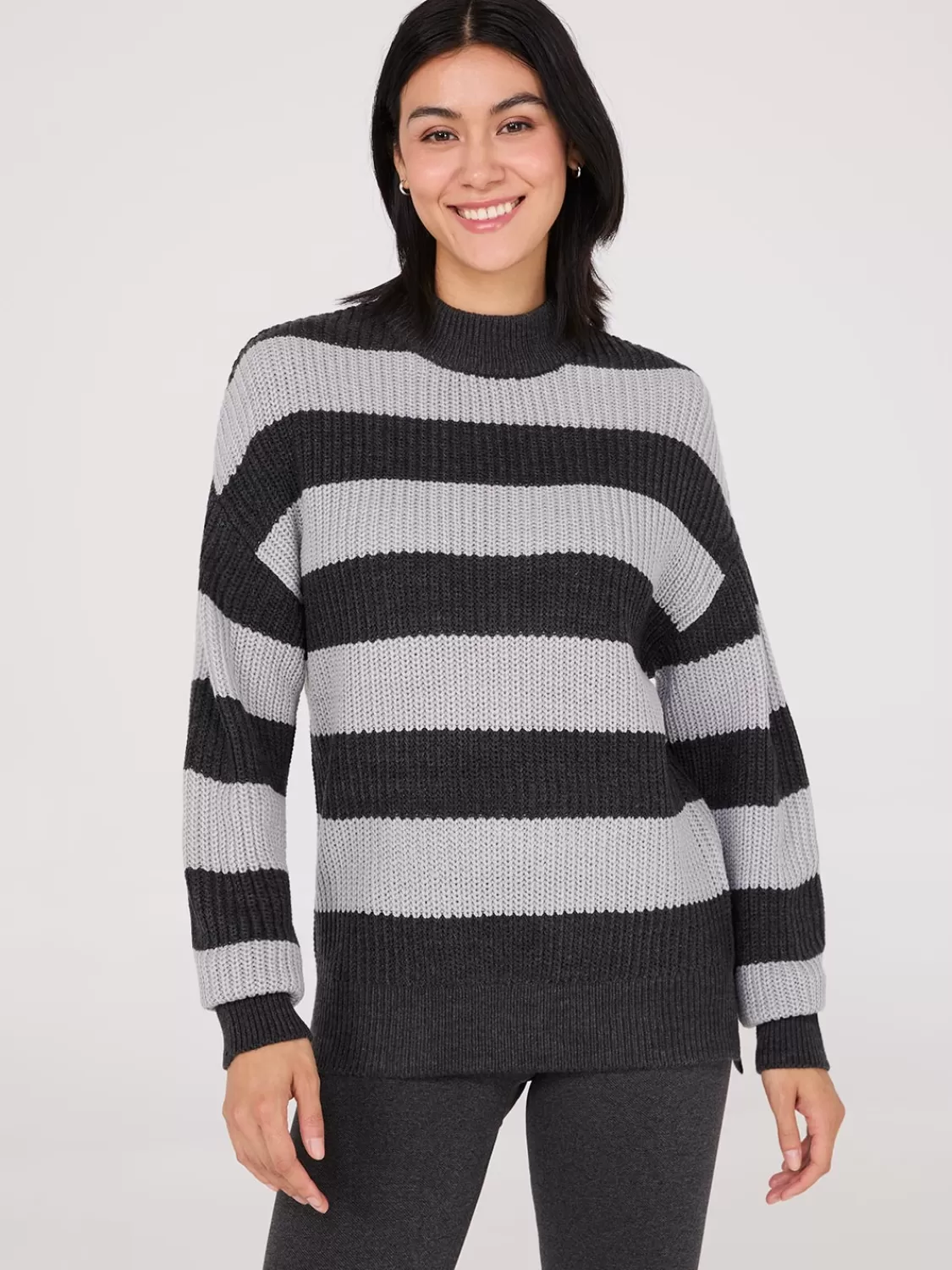 Suzy Shier Long Sleeve | Sweaters & Cardigans*Striped Mock Neck Sweater With Side Slits