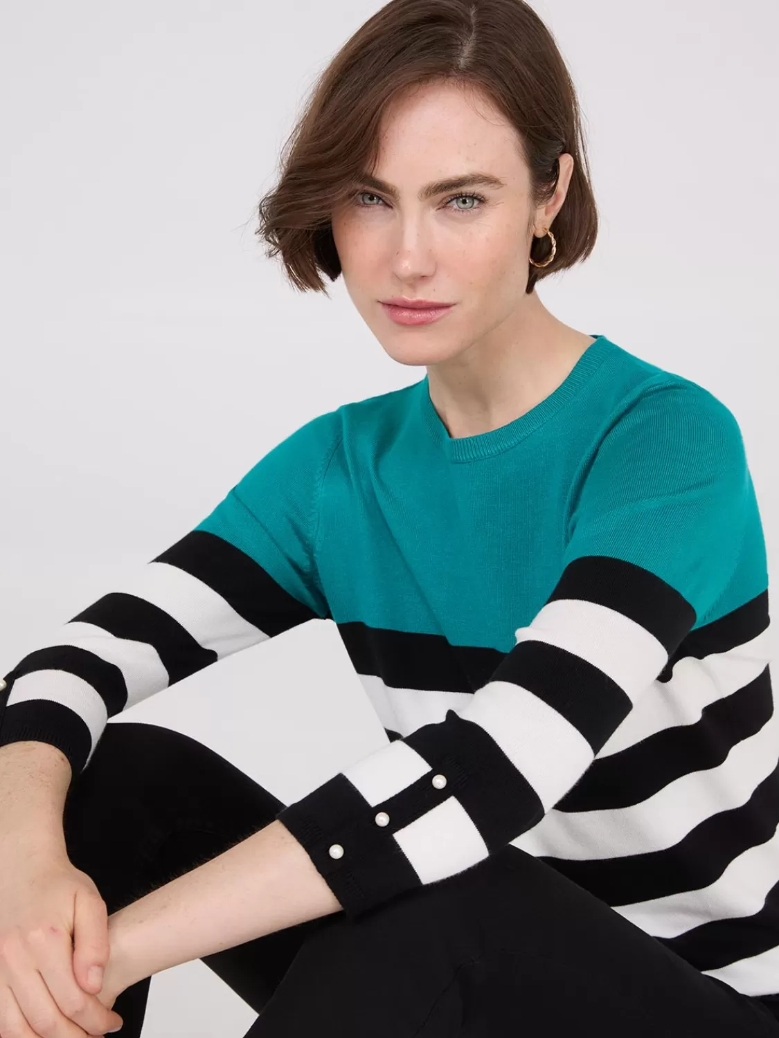 Suzy Shier Long Sleeve | Sweaters & Cardigans*Striped Round Neck Sweater With Button Details