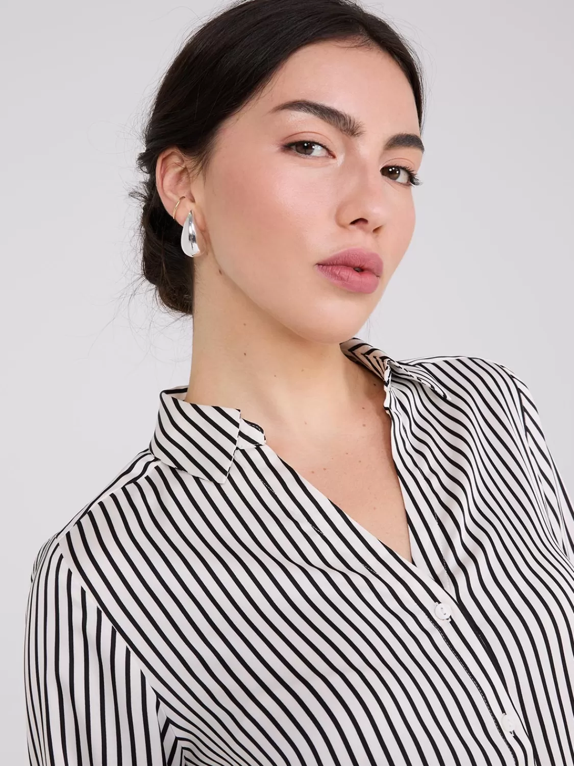 Suzy Shier Tops | Long Sleeve*Striped Satin Notch Collar Blouse