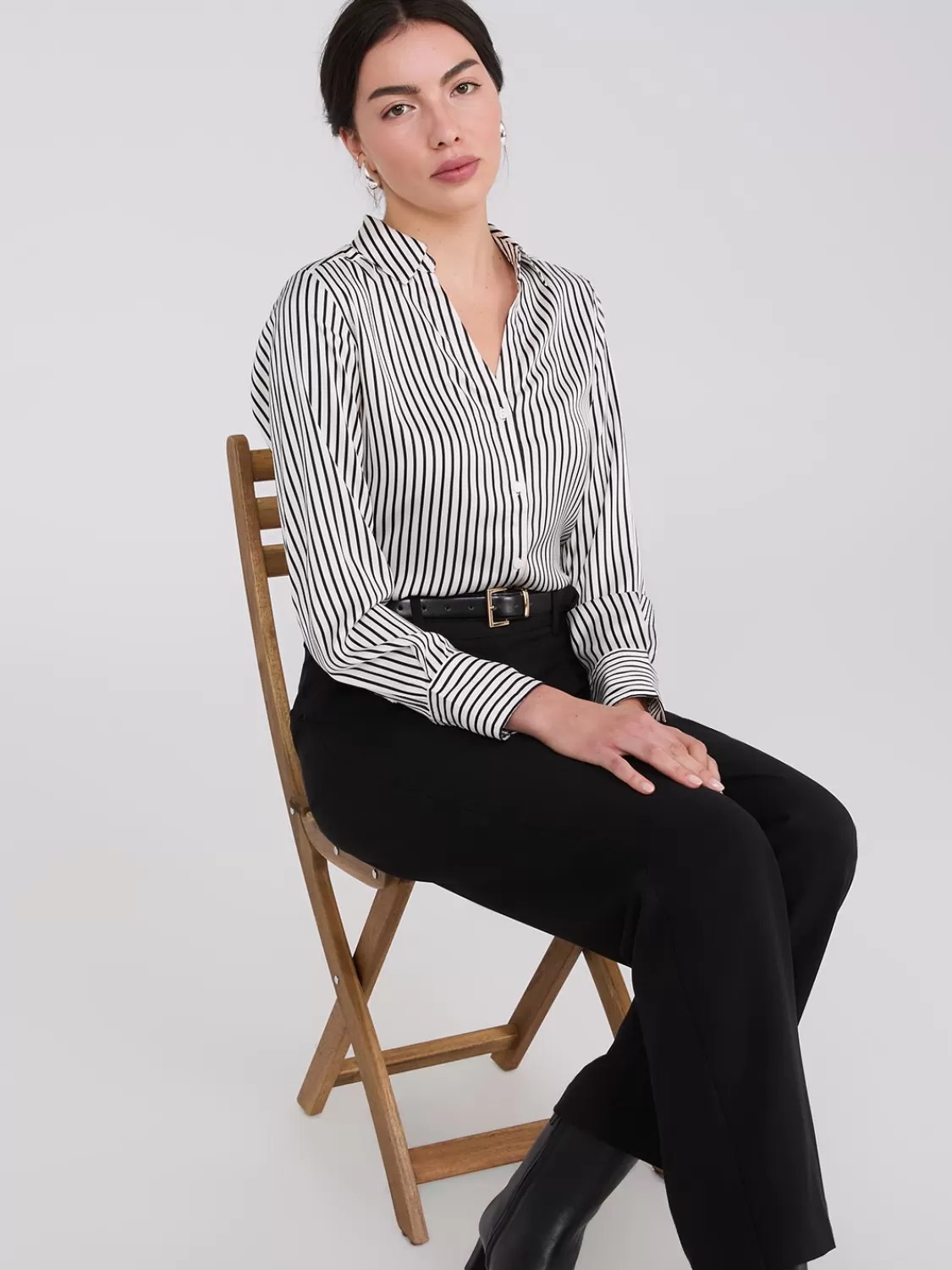 Suzy Shier Tops | Long Sleeve*Striped Satin Notch Collar Blouse