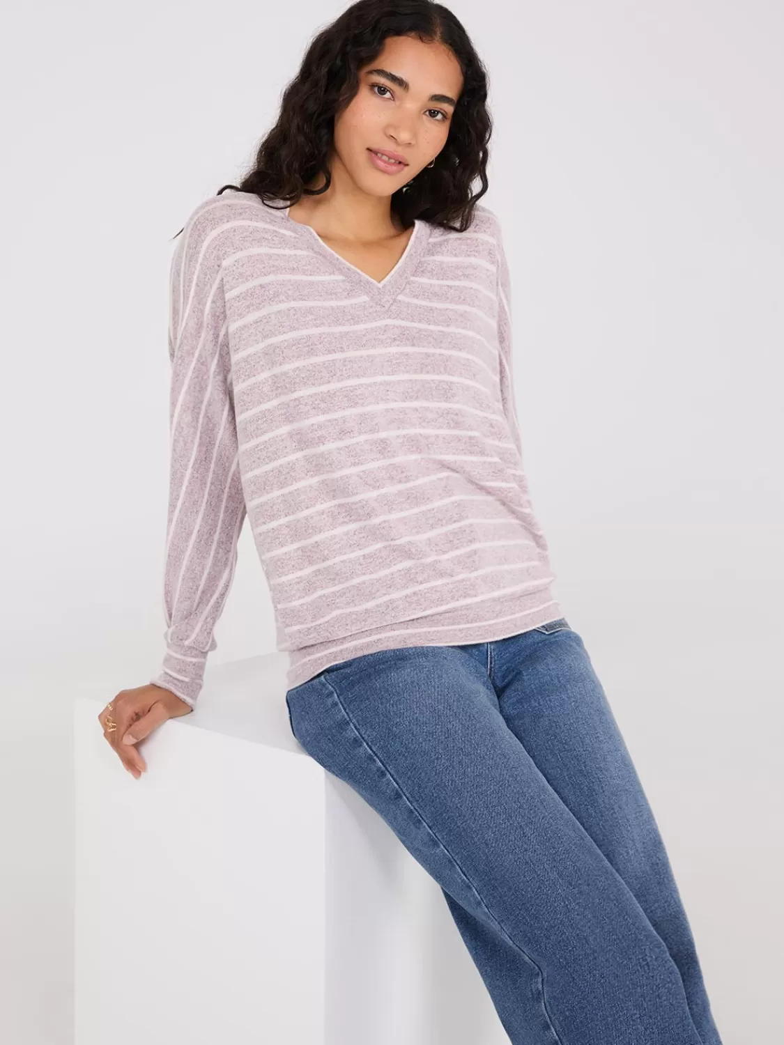 Suzy Shier Lounge & Pjs | Long Sleeve*Striped V-Neck Dolman Sleeve Top