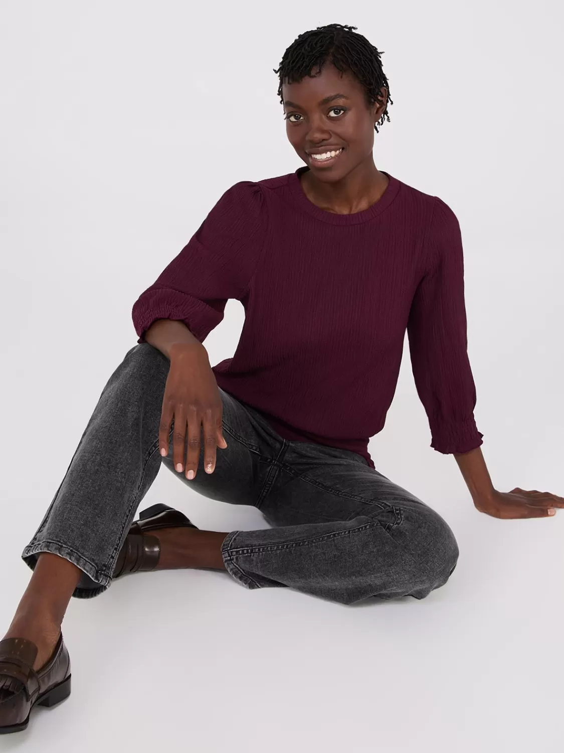 Suzy Shier Tops | Long Sleeve*Textured 3/4 Sleeve Round Neck Top