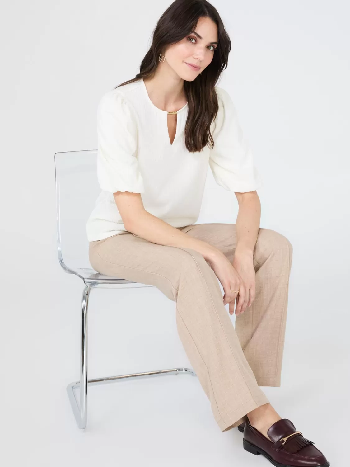 Suzy Shier Tops | Short Sleeve*Textured Jacquard Top With Front Keyhole