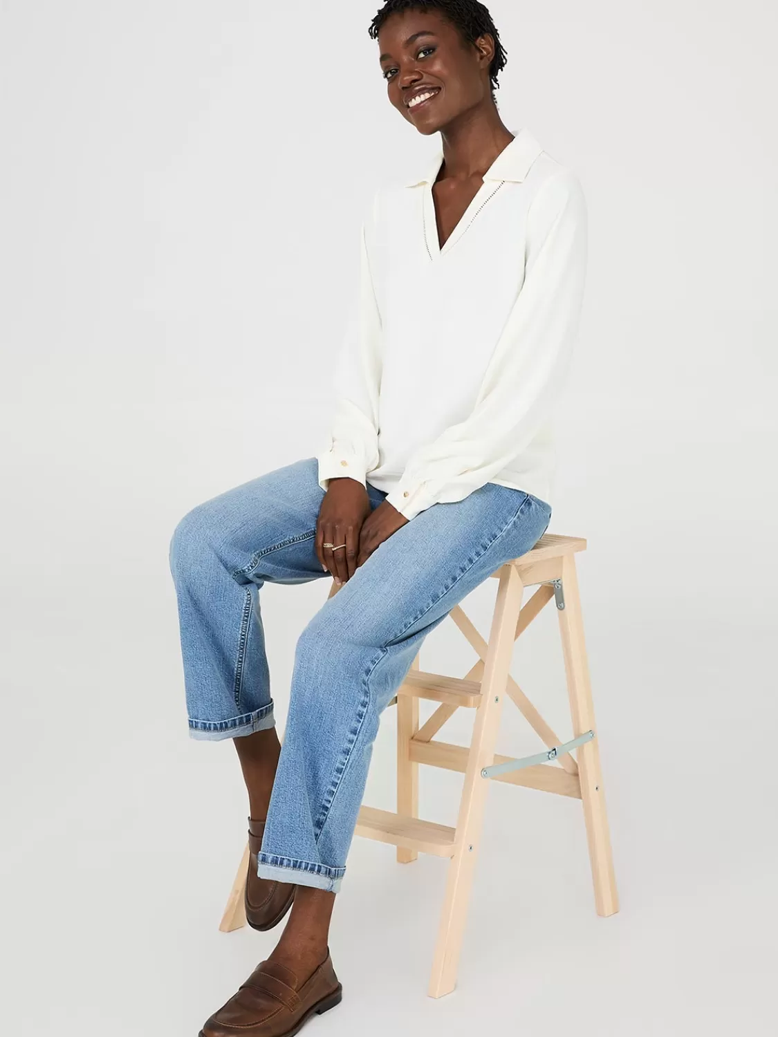 Suzy Shier Tops | Long Sleeve*Textured Johnny Collar Popover Blouse