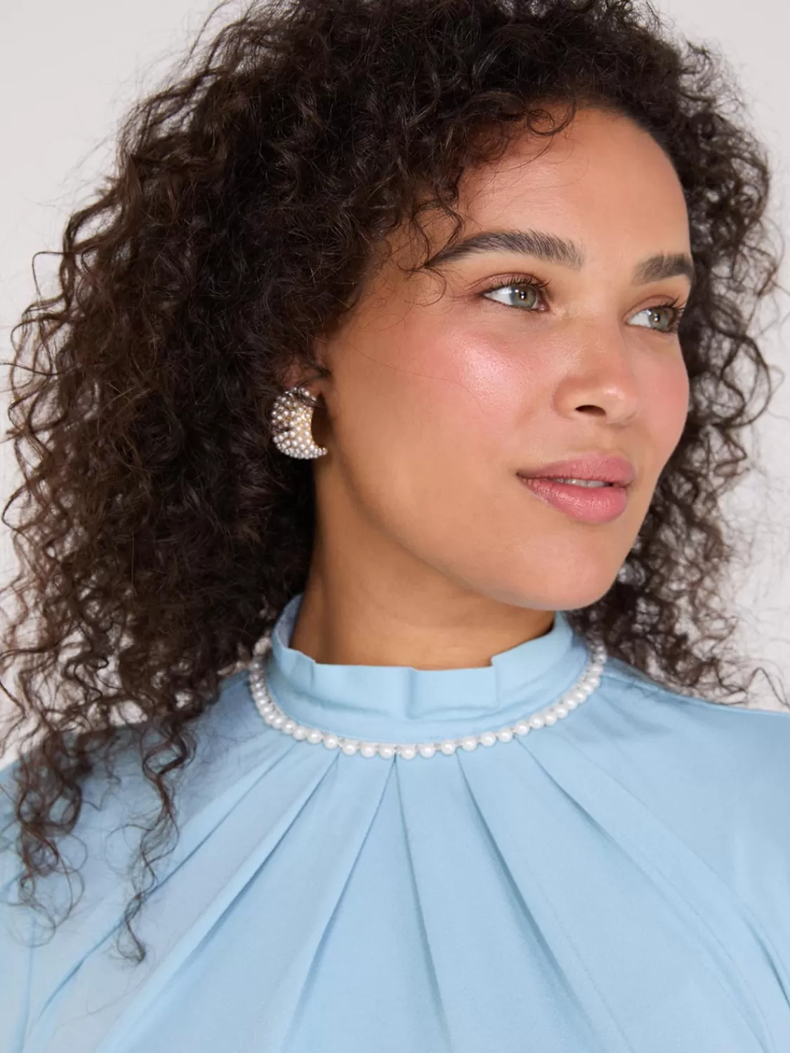 Suzy Shier Tops | Long Sleeve*Textured Mock Neck Top With Pearl Details