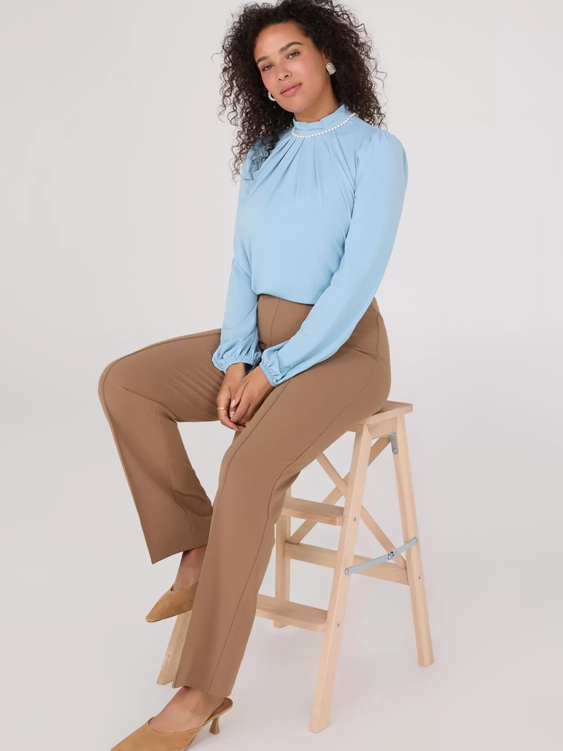 Suzy Shier Tops | Long Sleeve*Textured Mock Neck Top With Pearl Details
