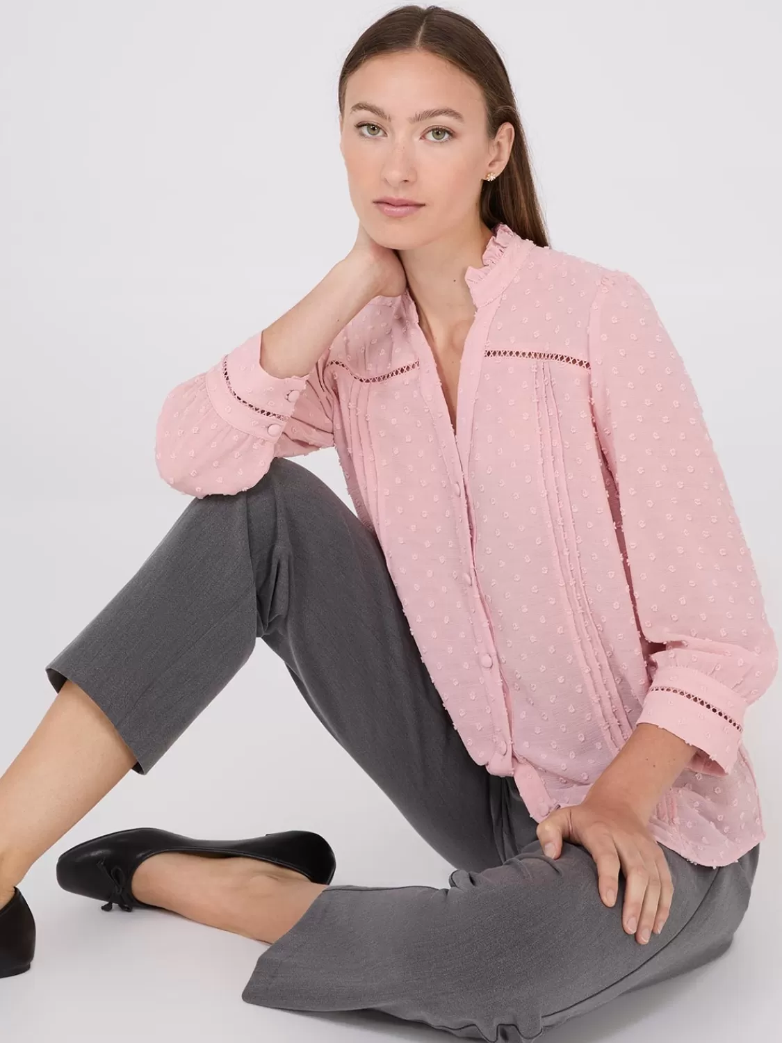 Suzy Shier Tops | Blouses*Textured Split Collar Button-Front Blouse
