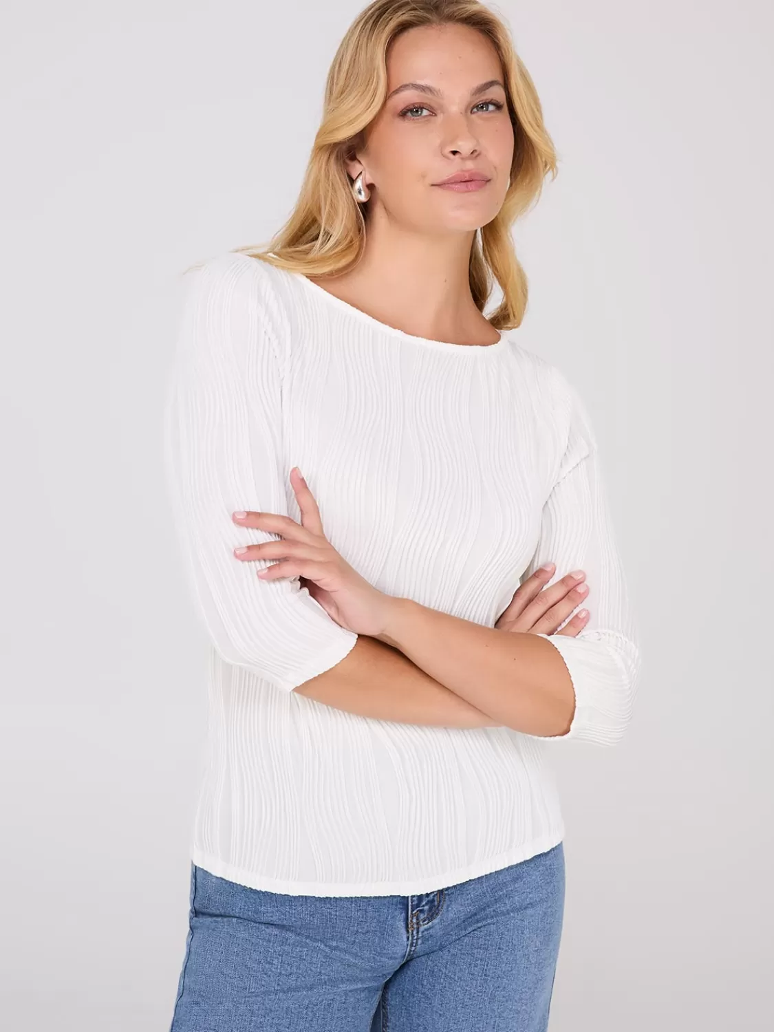 Suzy Shier Tops | Long Sleeve*Wave Pattern Boat Neck Top