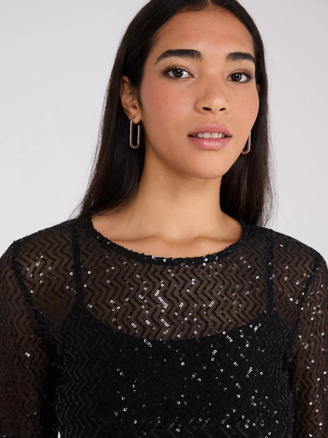 Suzy Shier Long Sleeve | Fashion Tops*Zig-Zag Sequin Mesh Top WIth Cami