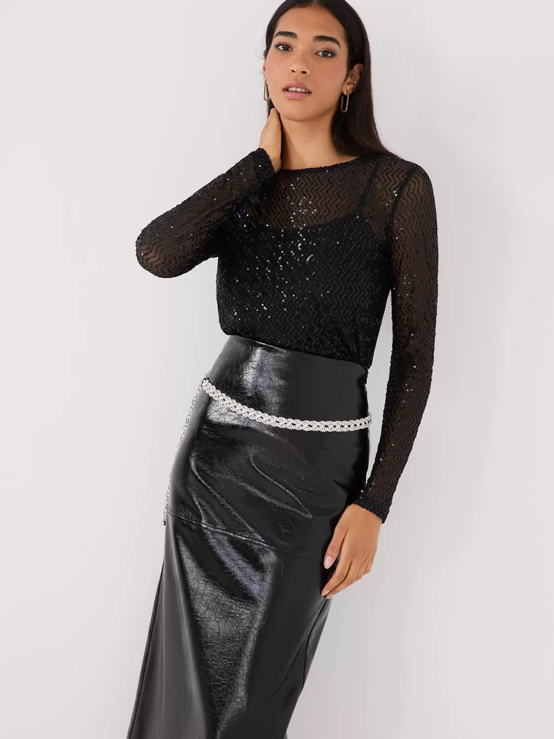 Suzy Shier Long Sleeve | Fashion Tops*Zig-Zag Sequin Mesh Top WIth Cami