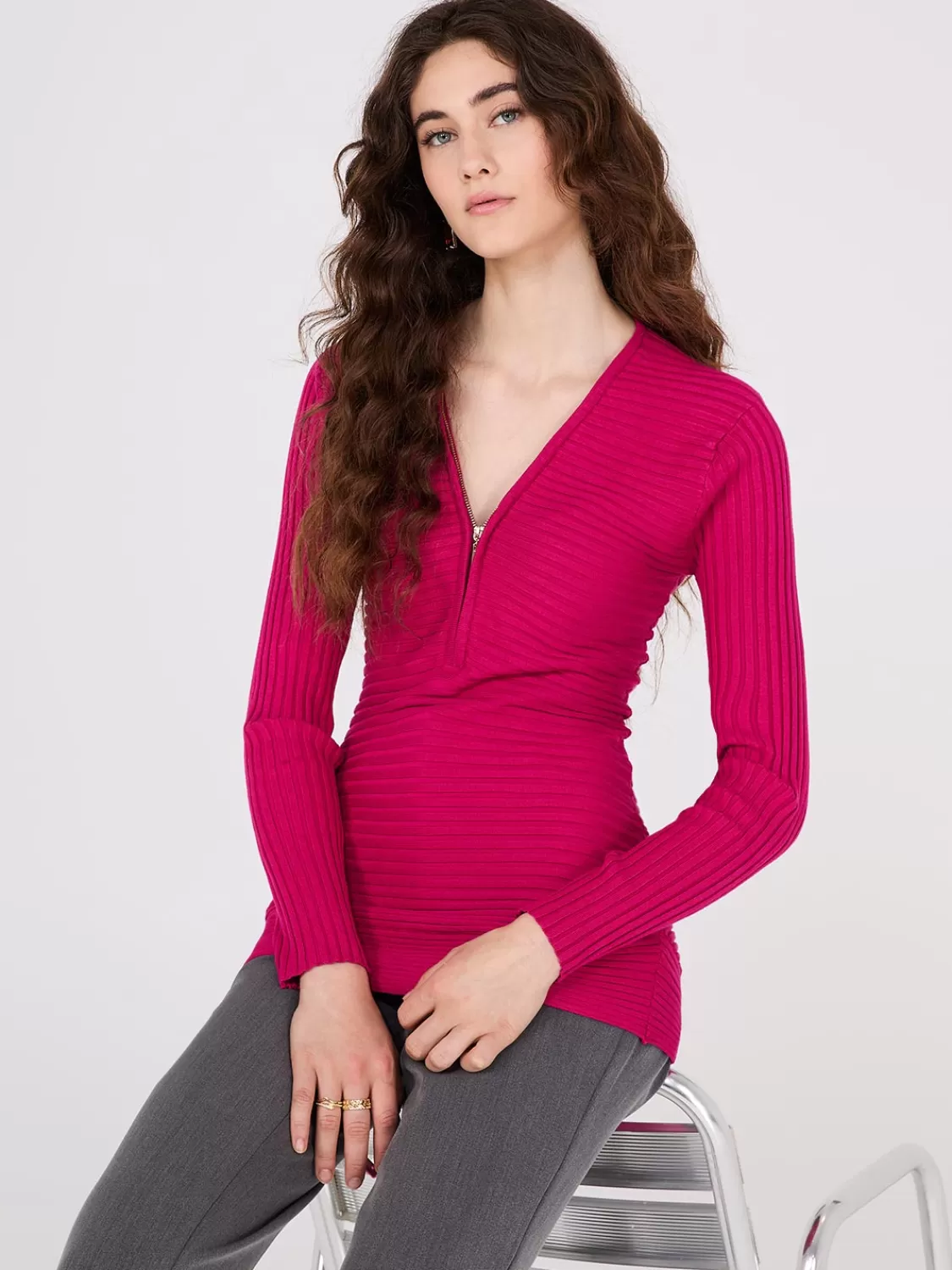 Suzy Shier Long Sleeve | Sweaters & Cardigans*Zipper V-Neck Sweater